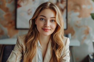 Obraz premium Portrait of a positive business woman in the office. High quality photo