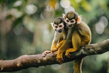 Naklejka premium Two common squirrel monkeys Saimiri sciureus playing on a tree branch