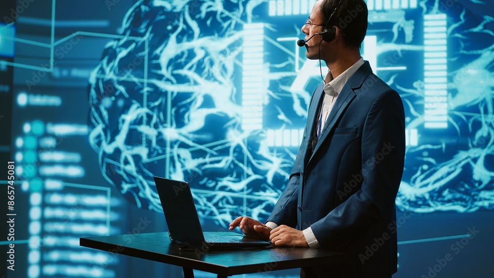 Poster speaker talking with audience during remote call online ai webinar hosting leading experts and resea