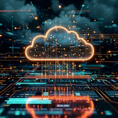Digital Cloud Network With Orange Glow and Circuitry