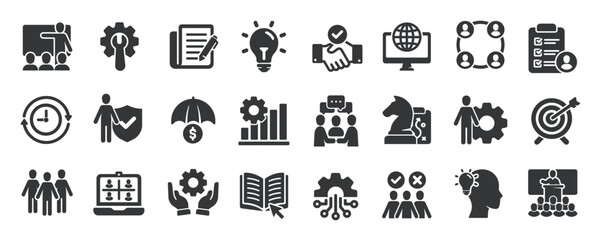 Workshop glyph solid icons collection. Containing consultation, coaching, leadership, marketing, presentation. For website marketing design, logo, app, template, ui, etc. Vector illustration.