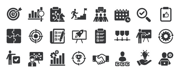 Action plan glyph solid icons collection. Containing planning, process, management, strategy. For website marketing design, logo, app, template, ui, etc. Vector illustration.