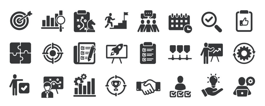 Action plan glyph solid icons collection. Containing planning, process, management, strategy. For website marketing design, logo, app, template, ui, etc. Vector illustration.