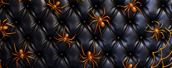 Fototapeta premium Elegant Halloween pattern with gold spiders and intricate webs, Halloween pattern, luxurious style