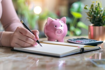 A woman is sitting at a table writing in a notebook beside a piggy bank