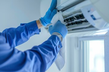 A person in blue gloves cleans air conditioner with a cloth