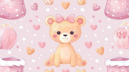 A sweet illustration of a teddy bear with a pink background featuring hearts and bows, perfect for children&rsquo;s products, nursery decor, and baby shower invitations.