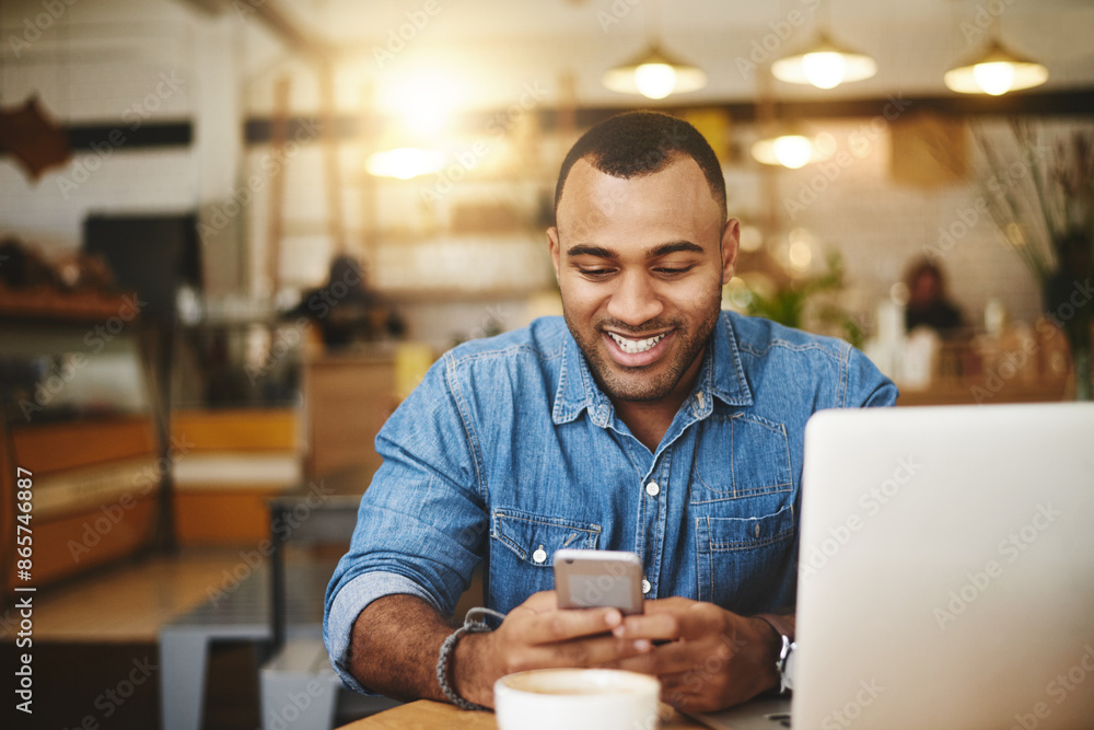 Poster Man, cafe and smile typing on smartphone, smiling and message notification on mobile app with online searching. Communication, freelance writer and break in restaurant, social media and reading blog