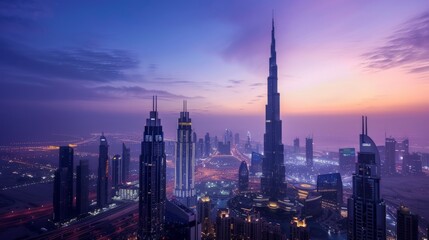 Iconic skyscraper at dawn with the city waking up around it