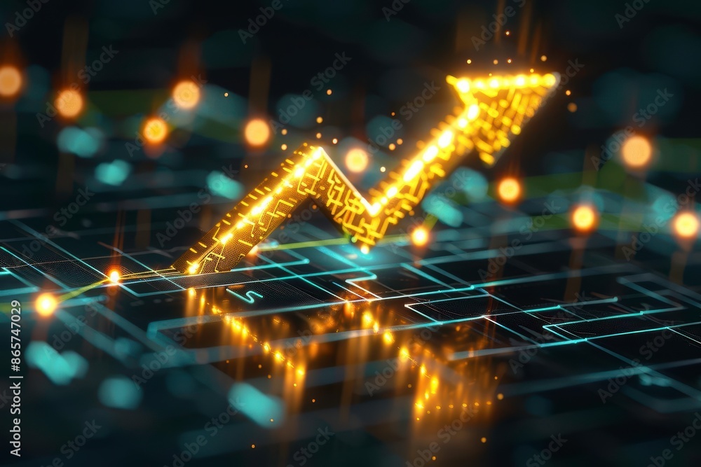 Poster abstract glowing arrow pointing upward, symbolizing growth and progress in a digital technology and 