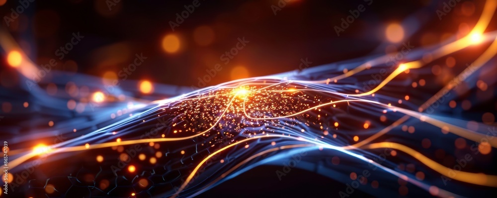 Poster abstract visualization of neural pathways and artificial intelligence in bright, glowing colors agai