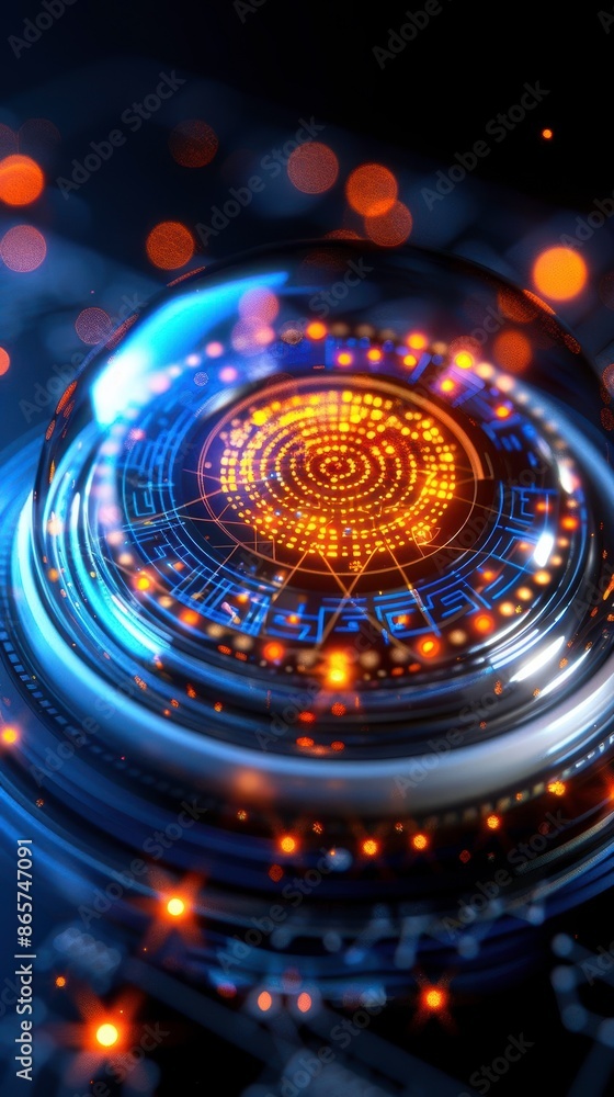 Poster close-up of a futuristic digital interface with glowing elements against a dark background, represen