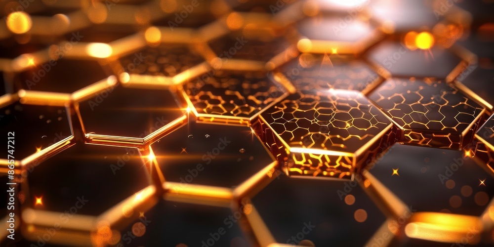 Poster close-up of glowing hexagonal patterns with golden lighting, creating a futuristic and technical vis