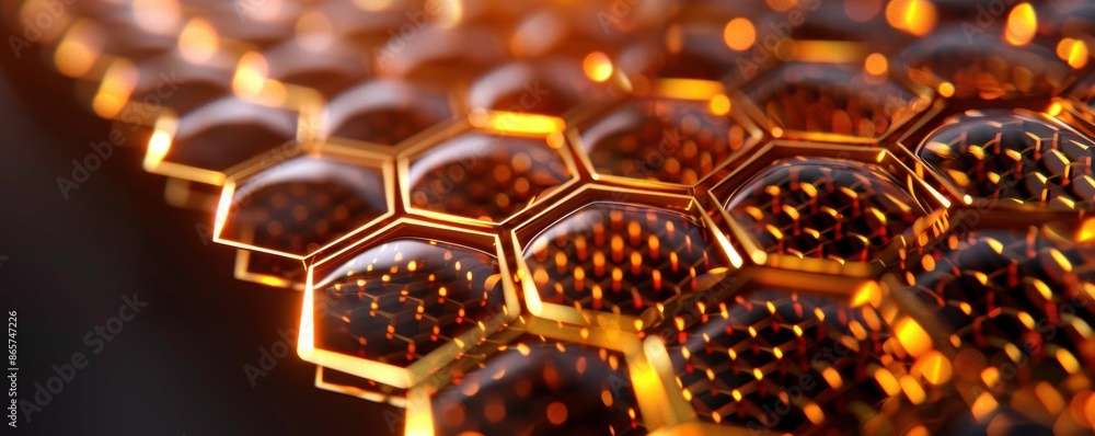 Poster close-up of hexagonal shapes in golden hues, showcasing the beauty of geometric patterns and modern 