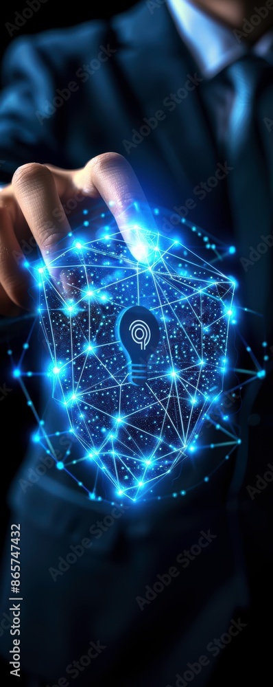 Poster futuristic ai concept with a business person interacting with a 3d digital brain and glowing network