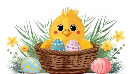 A lovable yellow chick rests in a brown basket, surrounded by colorful Easter eggs and vibrant green grass, capturing the essence of Easter celebrations beautifully.