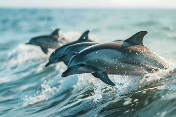 Playful dolphins riding waves in the ocean showcasing the vibrant nature and wildlife using Canon EF 2470mm f28L II USM applying a polarizing filter to enhance underwater colors