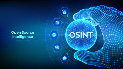 Open source intelligence. OSINT. Open data access. Open source analysis concept in the shape of sphere with hexagon pattern in wireframe hand. Cyber analytics. Data gathering. Vector illustration.