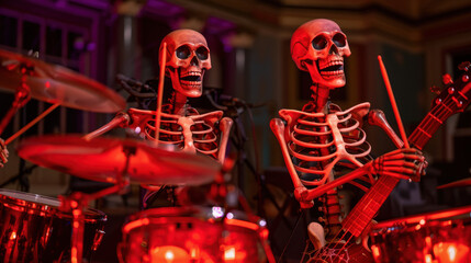 Skeleton band playing instruments in a haunted concert hall, Halloween mockup, undead entertainment