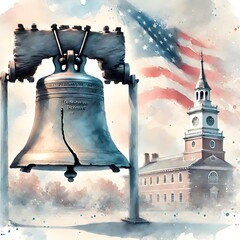 Liberty Bell For Patriot Day, Freedom Bell, Independence Day Illustration. Watercolor US Colors, Stars and Stripes Abstract Bell Design. Generative AI