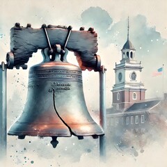 Liberty Bell For Patriot Day, Freedom Bell, Independence Day Illustration. Watercolor US Colors, Stars and Stripes Abstract Bell Design. Generative AI