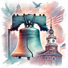 Liberty Bell For Patriot Day, Freedom Bell, Independence Day Illustration. Watercolor US Colors, Stars and Stripes Abstract Bell Design. Generative AI