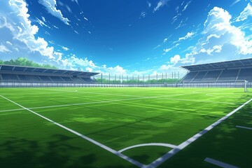 Empty Soccer Field on a Sunny Day With Blue Sky and White Clouds