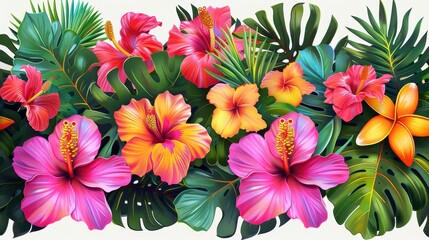 A colorful illustration of tropical flowers and lush green leaves. The scene is filled with hues of pink, orange, yellow, and green, evoking a lively and exotic atmosphere.