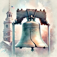 Liberty Bell For Patriot Day, Freedom Bell, Independence Day Illustration. Watercolor US Colors, Stars and Stripes Abstract Bell Design. Generative AI