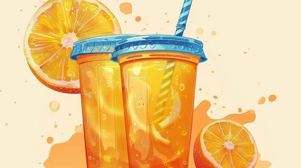 A delightful illustration of two cups of refreshing orange juice with straws, ice cubes, and orange slices, showcasing vibrant colors and refreshing appeal.