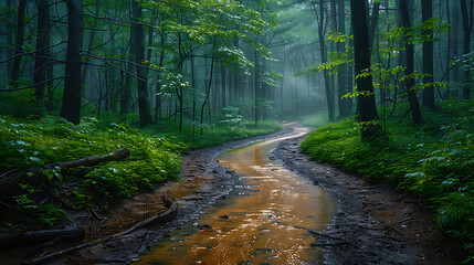 Obraz premium Rainkissed forest path vibrant greenery