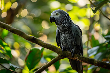 Obraz premium Rare African grey parrot perched a jungle vine highlighting the intelligence of nature and wildlife