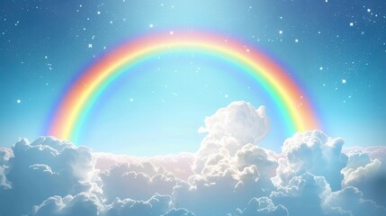 A radiant rainbow spans the sky above fluffy white clouds during the daytime, giving a breathtaking view that blends nature's beauty with a feel of peace and hope.