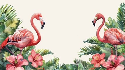 A visually appealing illustration of two flamingos standing amid a rich jungle setting, surrounded by large green leaves and pink flowers, emphasizing the beauty of tropical wildlife.