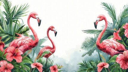 An artistic illustration of two flamingos surrounded by lush tropical greenery and pink flowers, depicting a serene and colorful scene inspired by the beauty of exotic wildlife.