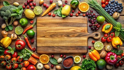Healthy snack concept with a variety of fresh fruits, nuts, and vegetables on a wooden cutting board, Healthy, snack, concept