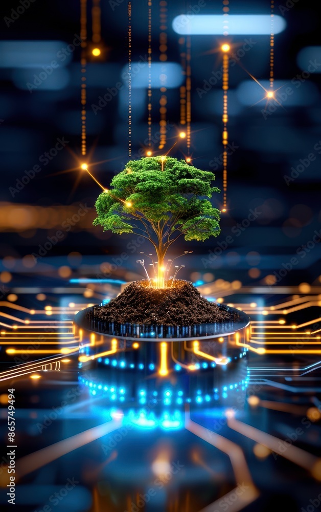 Poster a vibrant tree growing from a computer chip, symbolizing the connection between nature and technolog