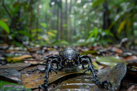 Rare Goliath beetle crawling a rainforest floor highlighting the unique nature and wildlife 