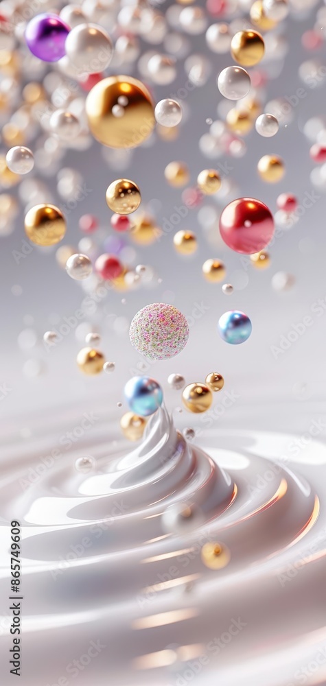 Poster colorful floating spheres in a spiral pattern, creating a dynamic and surreal abstract scene with vi