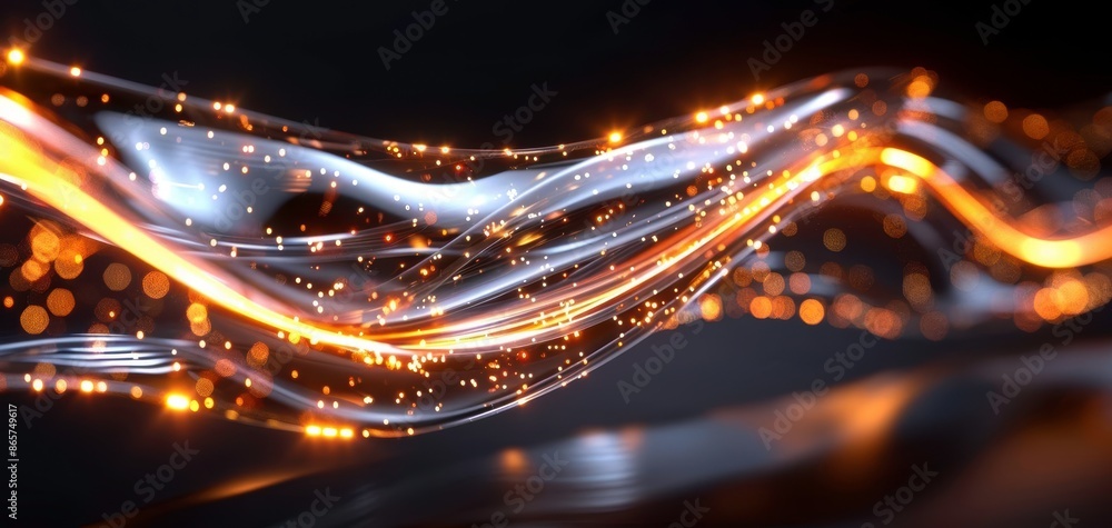 Poster dynamic abstract wave with glowing particles on a dark background, showcasing modern technology and 