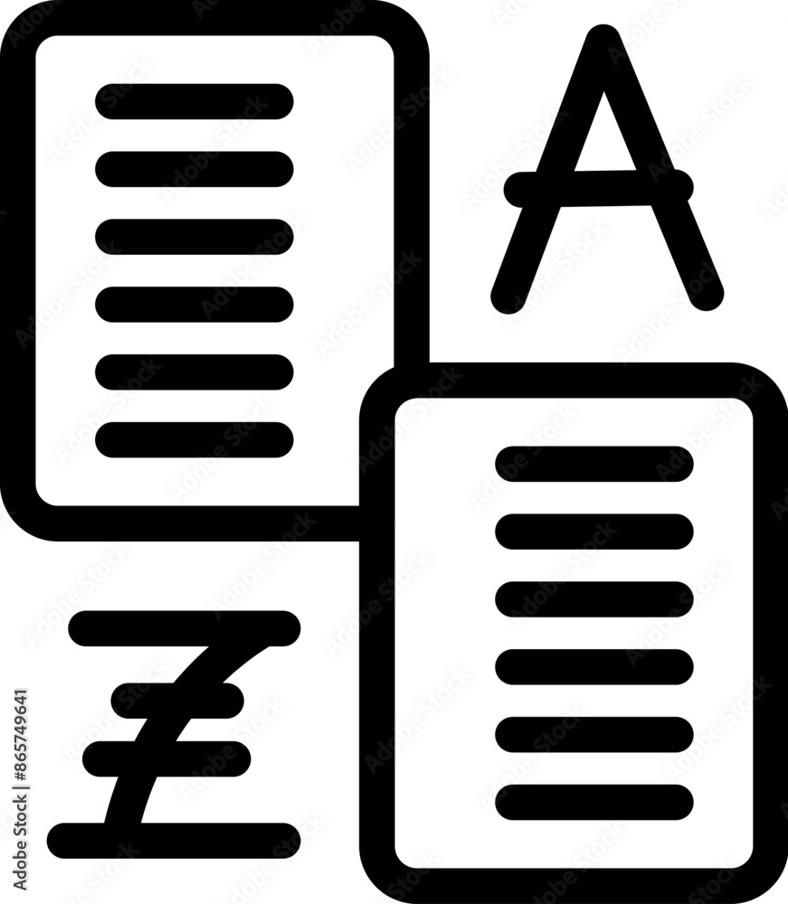 Poster line art icon of a translator app converting text from one language to another