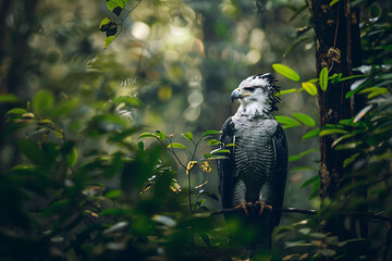 Rare harpy eagle perched a dense jungle highlighting the formidable presence of nature and wildlife 