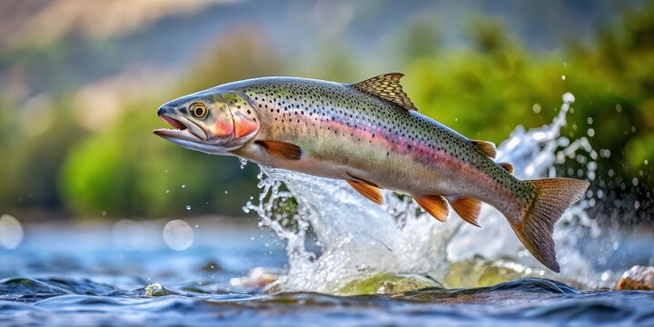 Beautiful rainbow trout jumping out of water in river, rainbow trout, jumping, water, river, nature, colorful, wildlife, fish