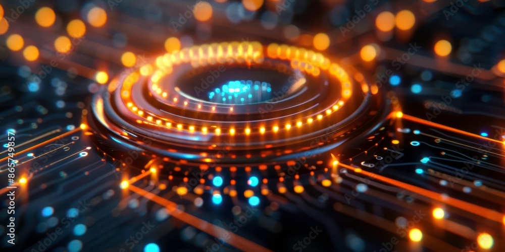 Poster futuristic technology concept with a glowing circular interface on a dark background, representing a