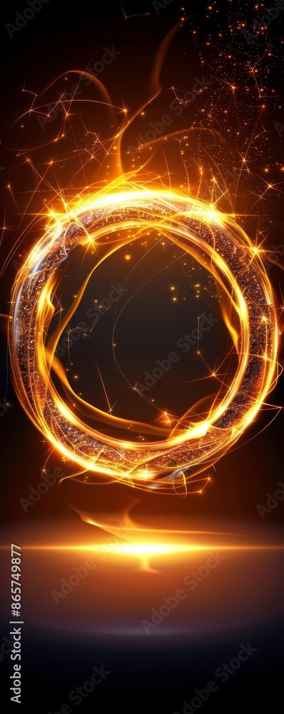 Poster glowing fiery ring with dynamic light trails and particles on a dark background, creating a mystical