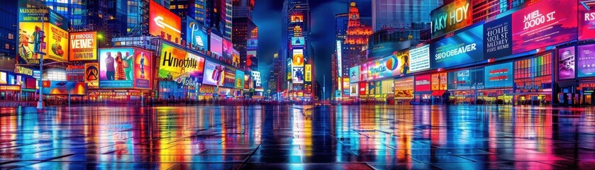Fototapeta premium A digital cityscape where skyscrapers are covered in neonlit screens, and virtual billboards project interactive ads into the night sky