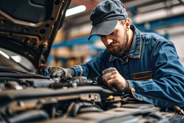 A man in a blue uniform is working on a car engine. He is wearing a hat and gloves