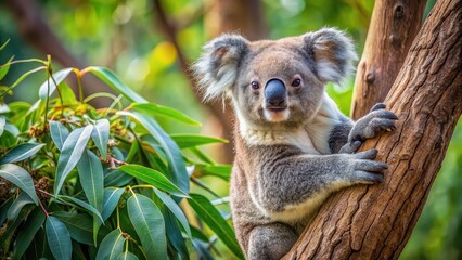 Fototapeta premium Koala resting in eucalyptus tree, koala, tree, wildlife, marsupial, Australian, eucalyptus, nature, cute, resting, mammal