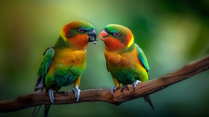 Fototapeta premium two colorful birds sitting on a branch, AI Generative.