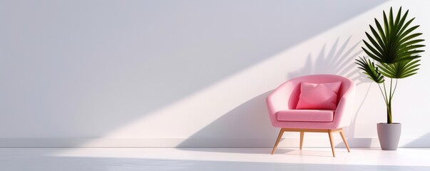 Minimalist interior with pink chair and potted plant against a light wall, creating a serene and stylish living space.